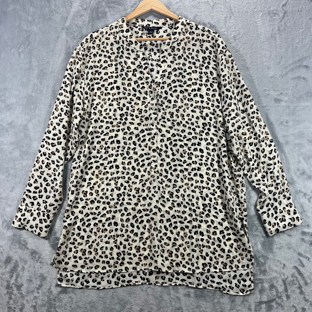 Zac & Rachel Henley Blouse Womens Large Tan Leopard Print‎ Excellent Long Sleeve